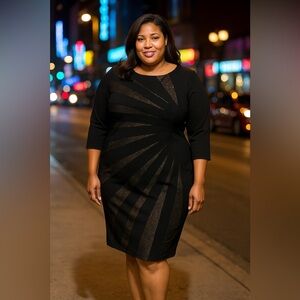 Ashley Stewart LBD Black Dress with Gold Accents Size 14-16W 3/4 Sleeve